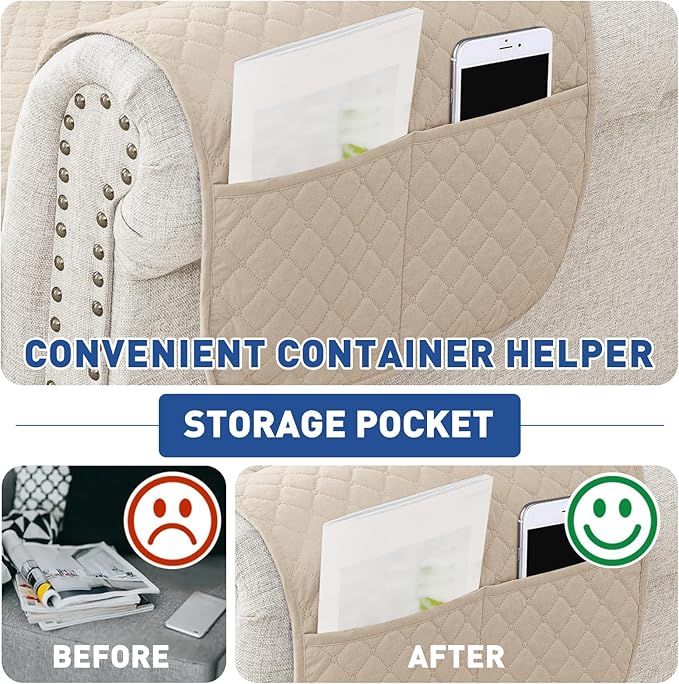 XINEAGE Loveseat Sofa Cover Waterproof Couch Covers for 2 Cushion Couch, Soft Washable Slipcover with Pockets & Non-Slip Elastic Straps, Thick Furniture Protector (Loveseat, Beige)