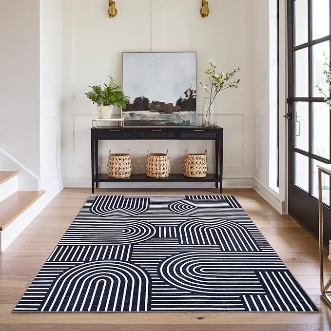 ROYHOME Washable Rug 8x10 Area Rugs for Living Room, Abstract Rug for Bedroom, Soft Rainbow Non Slip Throw Rugs with Rubber Back, Low Pile Stain Resistant Boho Geometric Carpet for Dining Room, Blue