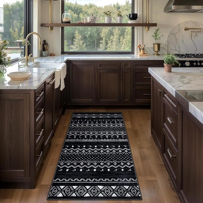 SERISSA 2x4 Rugs for Entryway, Washable Non-Slip Kitchen Runner Rug Small Black and White Rug, Soft Low-Pile Boho Geometric Door Mat Indoor Entrance Front Door Carpet for Bedroom Bathroom