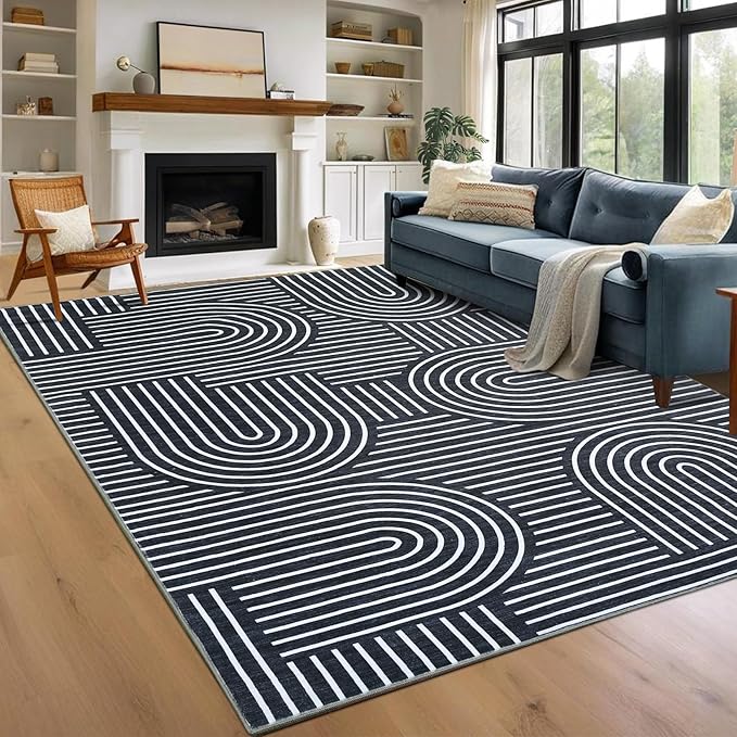 ROYHOME Washable Rug 9x12 Area Rugs for Living Room, Abstract Rug for Bedroom, Soft Rainbow Non Slip Throw Rugs with Rubber Back, Low Pile Stain Resistant Boho Geometric Carpet for Dining Room, Blue