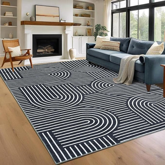 ROYHOME Washable Rug 9x12 Area Rugs for Living Room, Abstract Rug for Bedroom, Soft Rainbow Non Slip Throw Rugs with Rubber Back, Low Pile Stain Resistant Boho Geometric Carpet for Dining Room, Blue