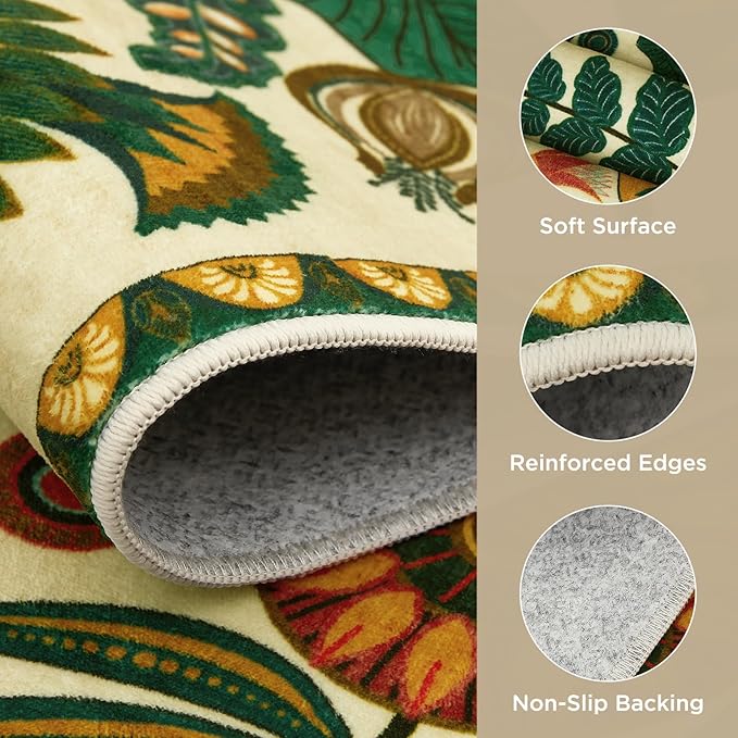 Joydeco Egypt Floral Boho 5x7 Area Rugs for Living Room, Washable Beige Area Rug for Bedroom Playroom Non Slip, Vintage Soft Indoor Carpet for Nursery Dining Room Entryway Bathroom