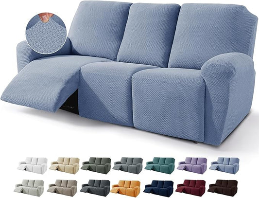 JIVINER 8-Piece Recliner Sofa Covers Stretch Jacquard Couch Covers for Recliner Slipcovers for Living Room 3 Cushion Soft Recliner Protector with Pocket (Sofa Recliner, Light Blue)