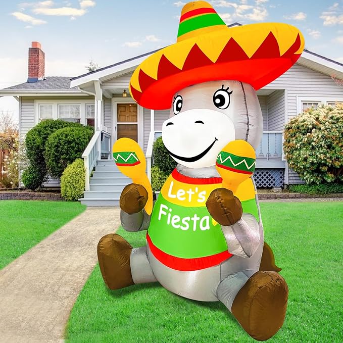 TURNMEON 6 Ft Tall Cinco De Mayo Inflatable Decorations Outdoor Sitting Donkey with Taco Sombreros Fiesta Maracas LED Lights Blow Up Holiday Party Indoor Yard Garden Lawn May 5 Mexican Summer Decor