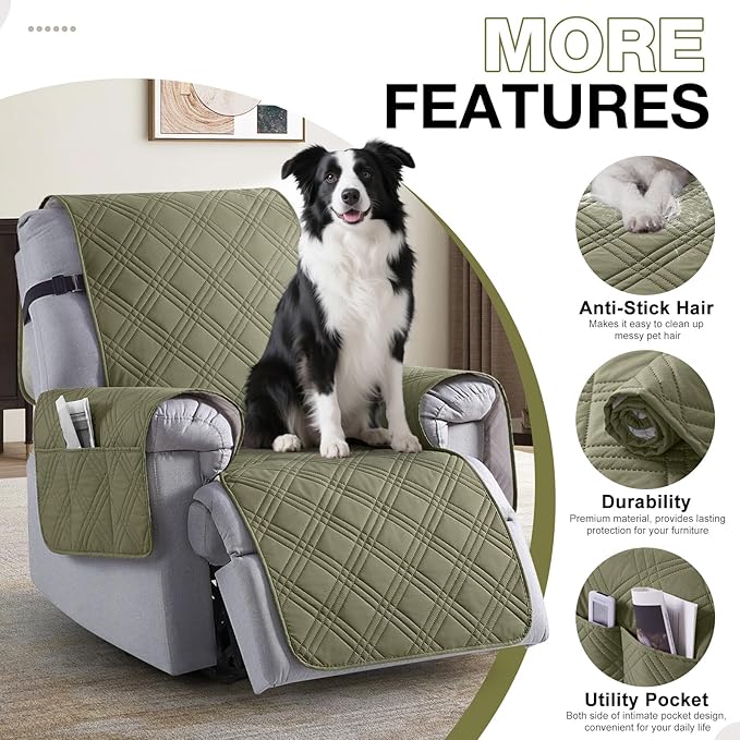 TAOCOCO Waterproof Recliner Chair Cover, Non Slip Oversized Recliner Covers for Recliner Chair with Pocket, Reclining Chair Cover Furniture Protector for Kids, Dogs(28'', Green)