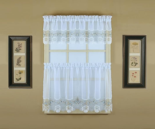 Today's Curtain, Vintage Macramé Organza Tier 36", White/Blue, 58" W x 36" L