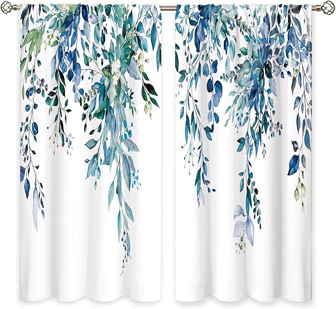 Teal Eucalyptus Botanical Leaves Floral Window Curtains Blue Watercolor Turquoise Flower Plant Wildflower Farmhouse Curtain Drapes Herb Curtains for Bedroom Living Room Treatment 42Wx63H Inch