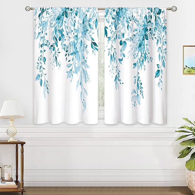 Blue Eucalyptus Botanical Leaves Floral Kitchen Window Curtains Over Sink Farmhouse Flower Spring Small Window Treatment Cafe Short Curtains for Bathroom Treatment Tier Drapes27.5x39 inch