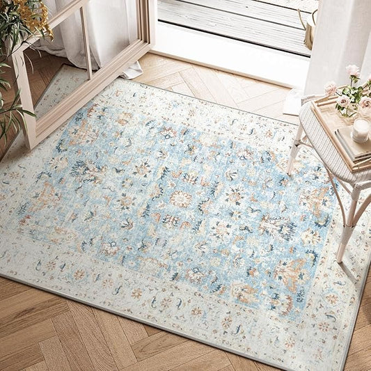 jinchan Area Rug 2x3 Entryway Rug - Washable Vintage Floral Doormat Small Door Mat Indoor Boho Lightweight Thin Non-Slip Retro Distressed Carpet for Doorway Kitchen Bathroom Bedroom Light Blue