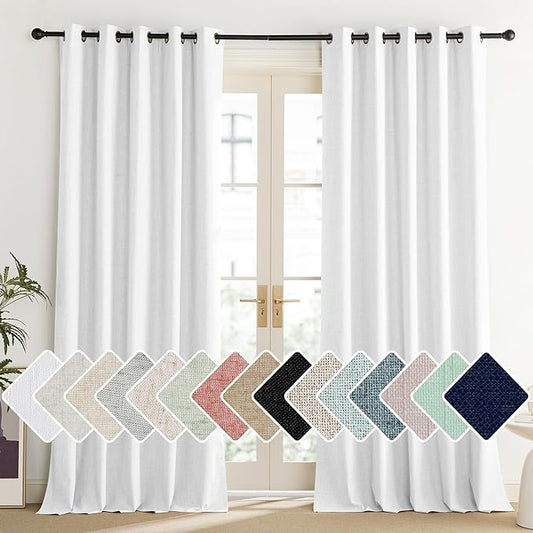 NICETOWN 100% Absolutely Blackout Linen Curtains with Thermal Insulated Liner, Greyish White, 62" Wide, 102" Length Energy Saving Curtains for Living Room 2 Panels Set, Vertical Blinds