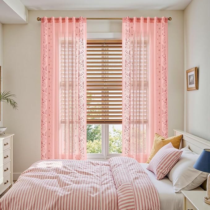 jinchan Winslow Sheer Curtains 96 Inch for Bedroom Living Room Embroidered Bordered Floral Nursery Curtains for Girls Room Light Filtering, 2 Panels, 50W x 96L