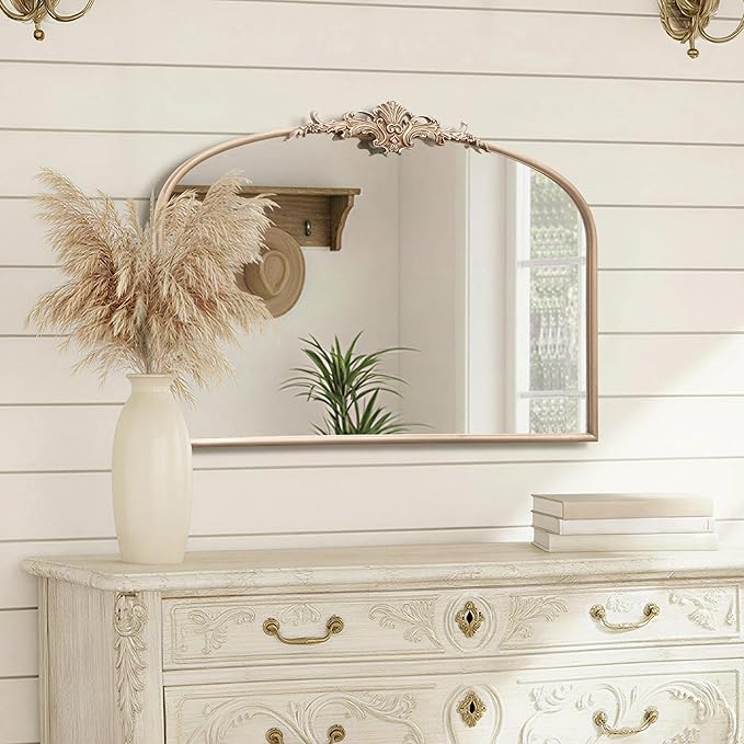 Besdomus Arched Vintage Gold Mirror: 32"x24" French Large Champagne Gold Antique Vanity Wall Mirror - Baroque Traditional Ornate for Fireplace/Bathroom/Living Room - Wall Decor for Fashion-Conscious