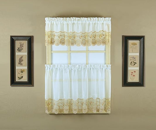 Today's Curtain, Vintage Macramé Organza Tier 30", Ecru/Gold, 58" W x 30" L