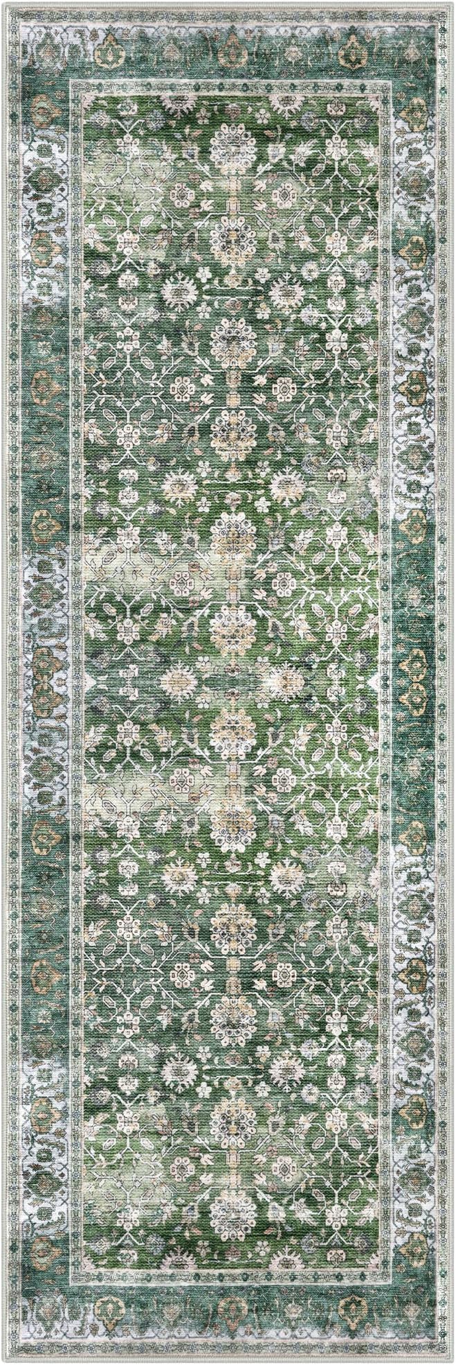 KUTA Runners for Hallways 2x6, Vintage Floral Rug Non-Slip Washable Kitchen Rugs Green Ultra Thin Soft Printed Retro Distressed Flower Carpet Entryway Rugs for Bedroom Laundry Nursery
