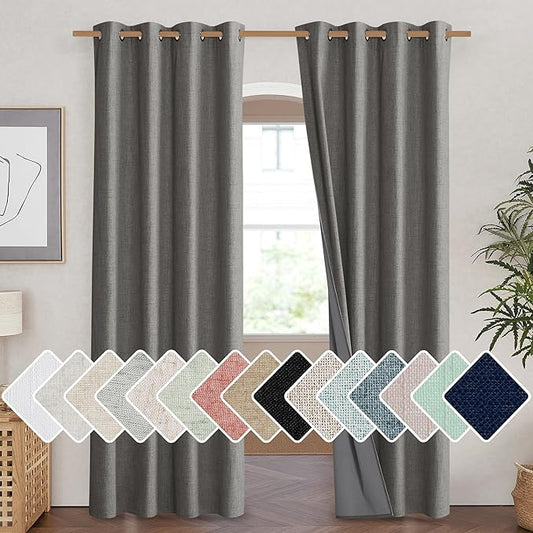 NICETOWN Grizzle Gray Vintage Linen 100% Blackout Curtains for Living Room, Thermal Insulated Curtains 84“ Long, Noise Reducing Window Treatment Drapes for Hall Room, 52" Wide Per Panel, Set of 2