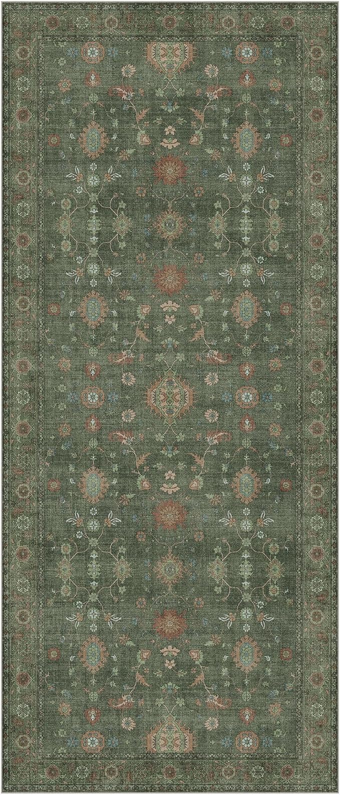 GENIMO Runner Rug for Hallways Machine Washable, 2x5 Non Slip Boho Vintage Lightweight Washable Runners, Thin Floor Rugs for Entryway Hallway Bathroom Laundry Room Corridor, Moss Green