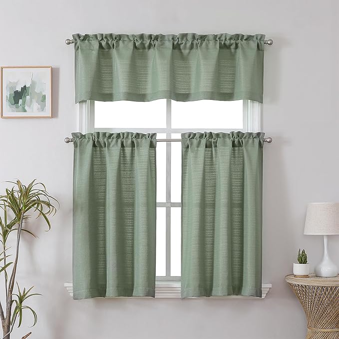 Chyhomenyc Sage Green Tier Curtains, 30 Inch Length, Burlap Textured Small Cafe Curtains, Light Filtering Short Window Curtains for Bathroom Basement, 30x30 inch, 2 PCS