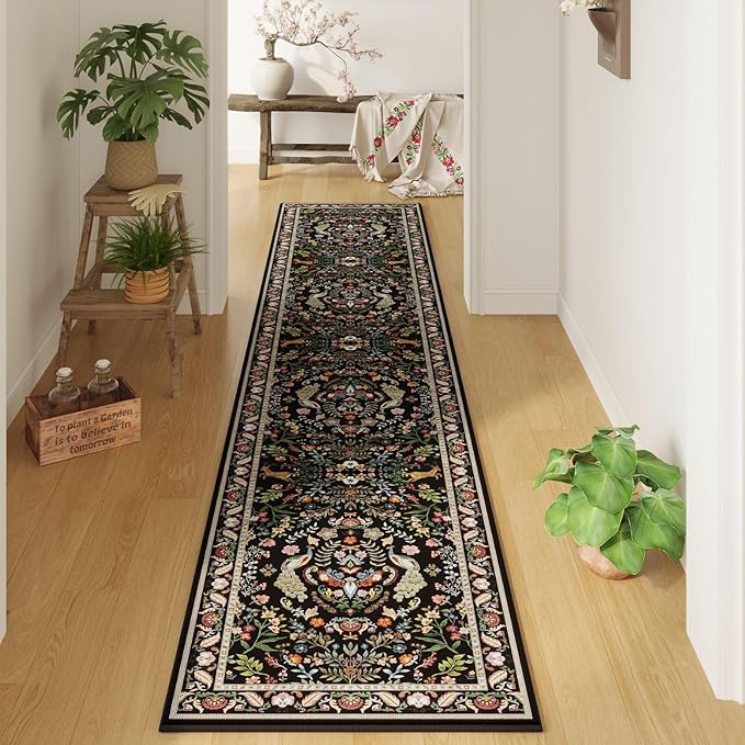 Rugcomf 2'7"x14' Long Hallway Runner Rug - Floral Washable Non Slip Boho Carpet for Kitchen, Entryway, Hall, Bathroom - Vibrant Black
