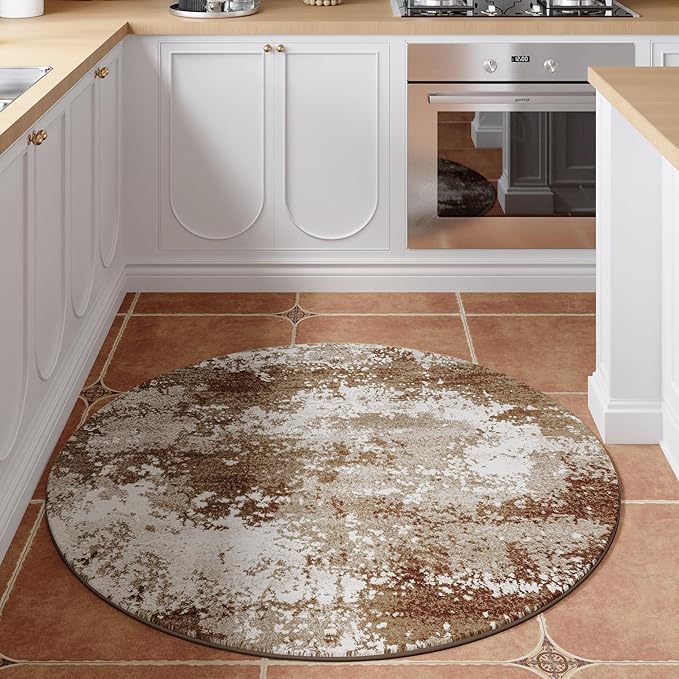 Brown Round Area Rugs 4ft Washable Circle Rug for Entryway Kitchen, Non Slip Soft Low Pile Stain Resistant, Boho Circular Carpet for Living Room Bedroom Dorm Dining Room Table, Abstract Coffee