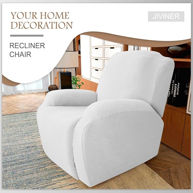 JIVINER 4 Pieces Recliner Chair Covers Stretch Jacquard Covers for Reclining Chair Recliner Slipcovers for Living Room Soft Recliner Protector with Pocket (Recliner, Off White)