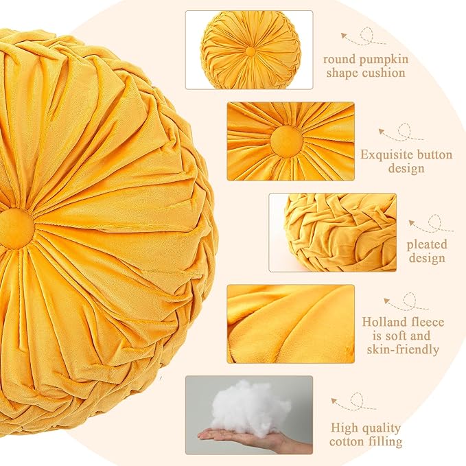 Drydiet 1 Pcs Round Throw Velvet Pillows Decorative Pleated Throw Pillows 15'' Diameter Accent Pumpkin Boho Chair Cushion for Couch Sofa Home Decoration (Yellow)