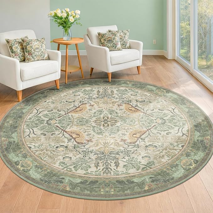 Hazo Haus Washable Sage Green 6ft Area Round Rug for Living Room - Vintage Circular Rug for Kids Bedroom, Dining Room, Office with Botanical Floral Bird Pattern, Low Pile Non Slip Stain Resistant