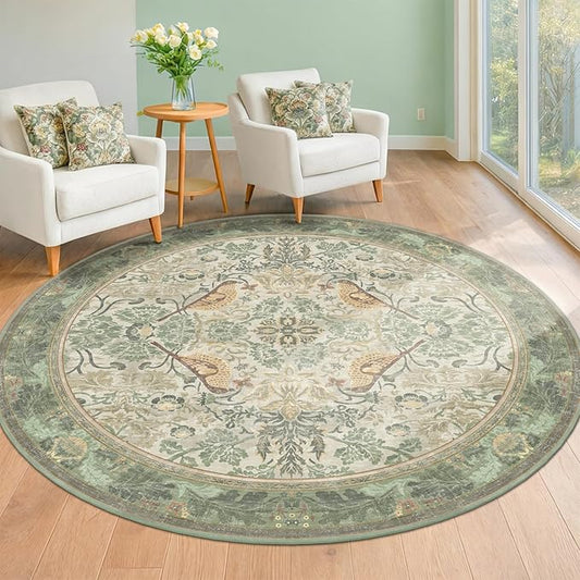 Hazo Haus Washable Sage Green 6ft Area Round Rug for Living Room - Vintage Circular Rug for Kids Bedroom, Dining Room, Office with Botanical Floral Bird Pattern, Low Pile Non Slip Stain Resistant