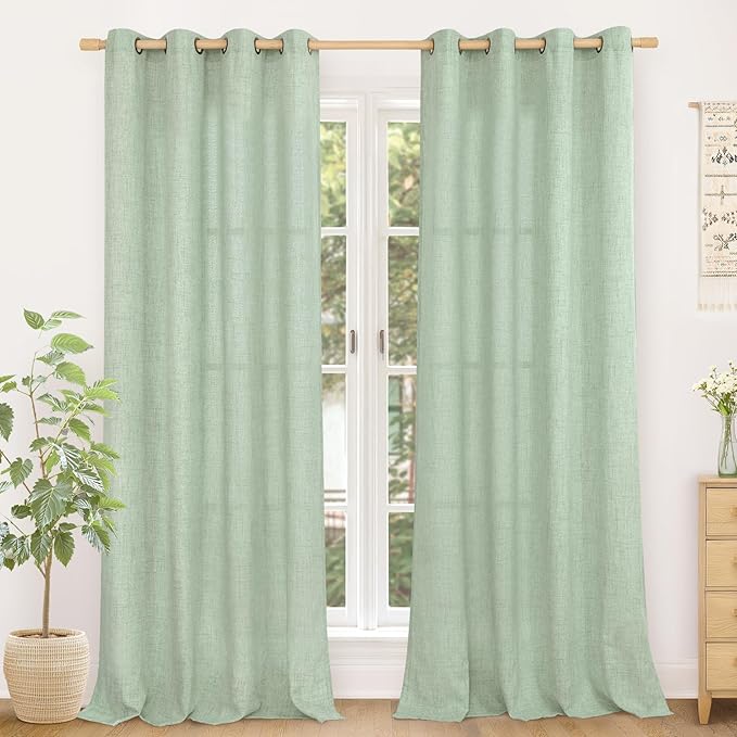 YoungsTex Sage Green Linen Curtains 90 Inches Long for Living Room, Boho Semi Sheer Drapes with Bronze Grommet Privacy Light Filtering Window Treatments for Bedroom Dining, 52 x 90 Inch, 2 Panels