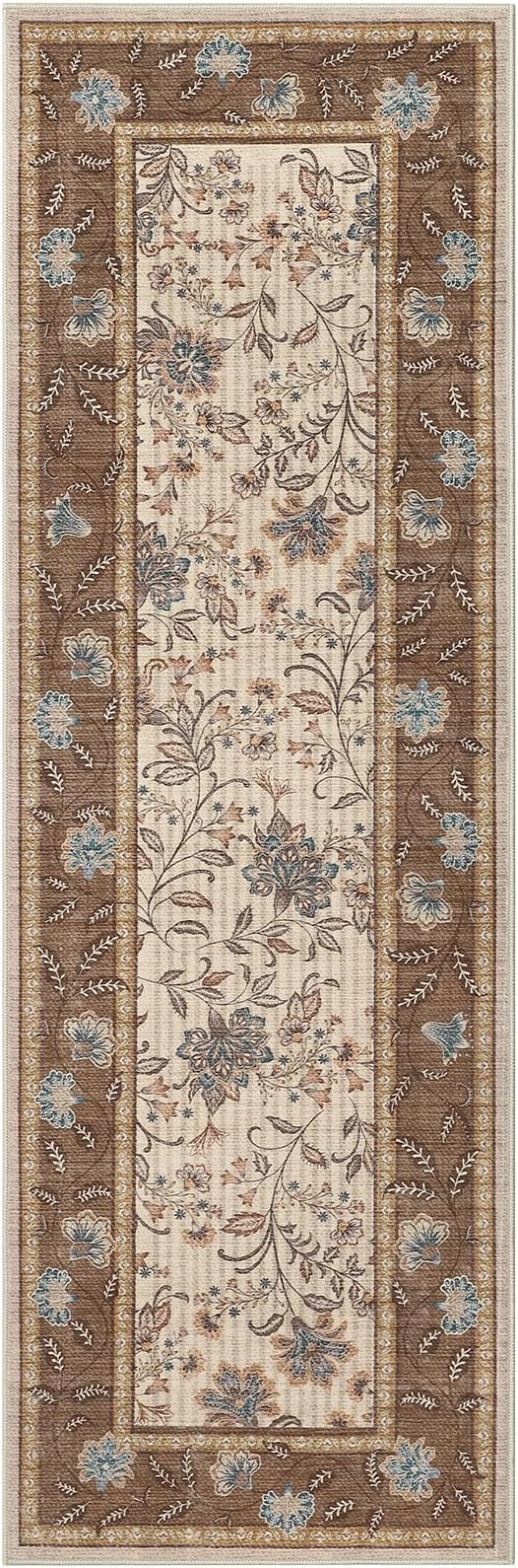 GarveeHome 2x6 Washable Runner Rug for Bedroom, Soft Botanical Floral Kitchen Runner with Non Slip Backing Brown Farmhouse Laundry Mat Stain Resistant Carpet for Hallway Bathroom Beside Rug