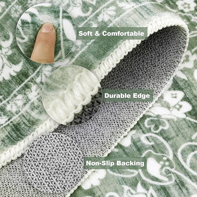 LOKHOM Washable Runner Rug, 2x8 Green Non-Slip Vintage Hallway Runner Rug with Rubber Backing, Boho Floral Soft Faux Wool Kitchen Rug Carpet Runner for Laundry Entryway Bedroom (Tender Green)