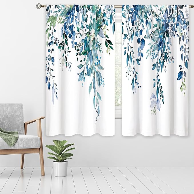 Teal Eucalyptus Botanical Leaves Floral Window Curtains Blue Watercolor Turquoise Flower Plant Wildflower Farmhouse Curtain Drapes Herb Curtains for Bedroom Living Room Treatment 29Wx63H Inch
