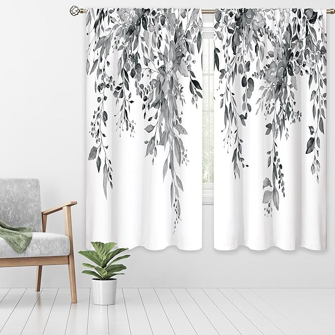 Grey Eucalyptus Botanical Leaves Floral Window Curtains Watercolor Black White Flower Plant Wildflower Farmhouse Curtain Drapes Herb Curtains for Bedroom Living Room Treatment 42Wx63H Inch