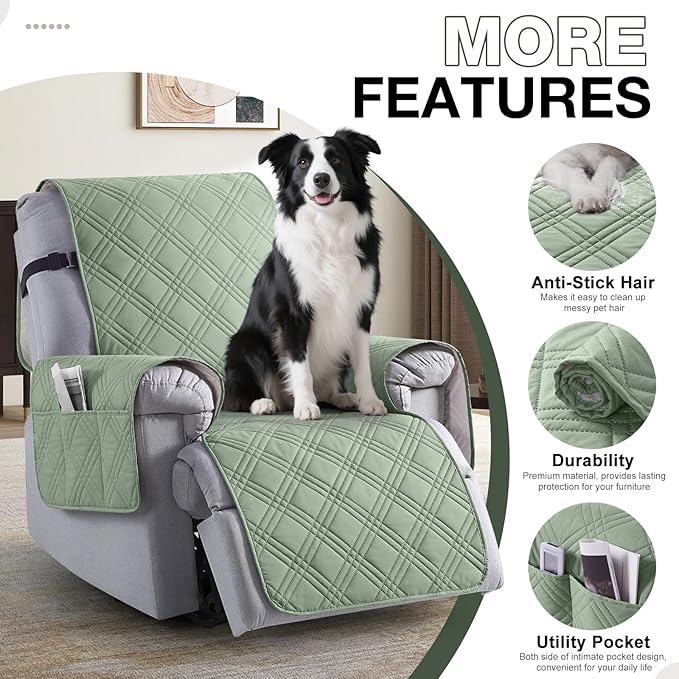 TAOCOCO 100% Waterproof Recliner Chair Cover, Non Slip Recliner Covers for Recliner Chair with Pocket, Washable Reclining Chair Cover Furniture Protector for Kids,Dogs(23.6'', Sage Green)