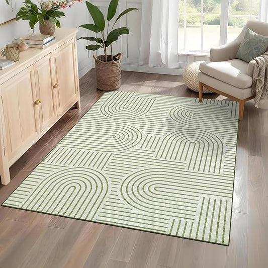 ROYHOME Washable Rug 4x6 Area Rugs for Living Room, Abstract Rug for Bedroom, Soft Rainbow Non Slip Throw Rugs with Rubber Back, Low Pile Stain Resistant Boho Geometric Carpet for Dining Room, Green