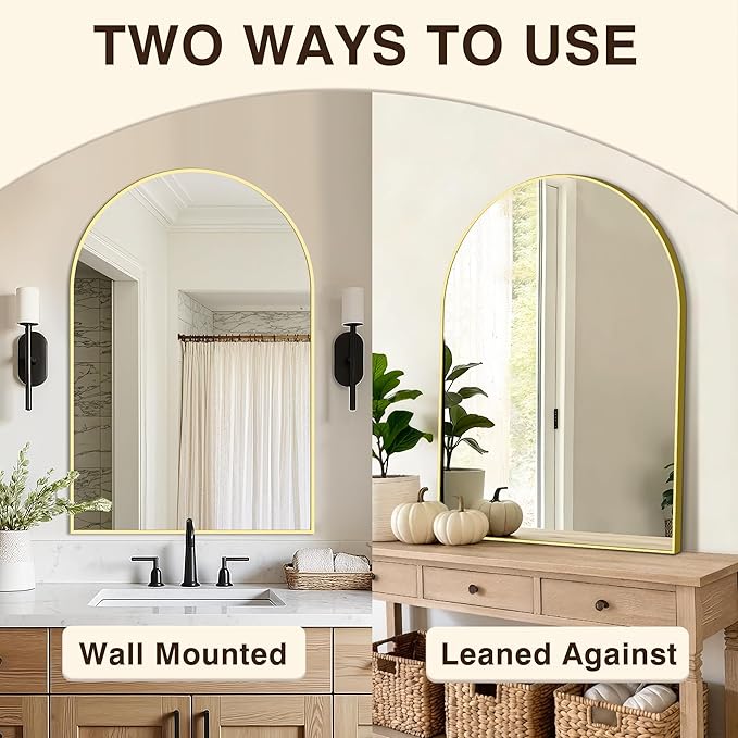 Vanity Bathroom Mirror for Wall, 2 Pack 36”x24” Arched Bathroom Mirror for Over Sink, Arched Metal Frame for Bedroom, Living Room, Entryway, Hanging or Leaning, Gold