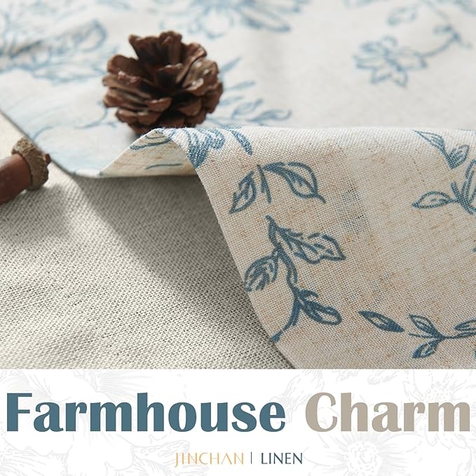 jinchan Linen Floral Valance Double Layer Kitchen Window Curtain Blue Flower on Beige Valance for Living Room Cafe Farmhouse Light Filtering Rustic Country Curtain 18 Inch Rod Pocket 1 Panel