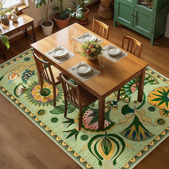 Joydeco Egypt Floral Boho 8x10 Area Rug for Living Room, Washable Sage Green Bedroom Dining Room Rug Non Slip, Vintage Large Indoor Throw Carpet for Playroom Nursery Dorm Classroom