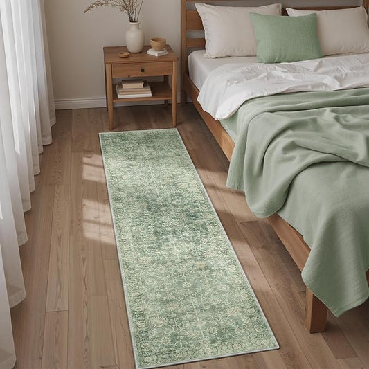 GENIMO Runner Rug for Hallways Machine Washable, 2'6''x7 Non Slip Boho Vintage Lightweight Washable Runners, Thin Floor Rugs for Entryway Hallway Bathroom Laundry Room Corridor, Light Sage