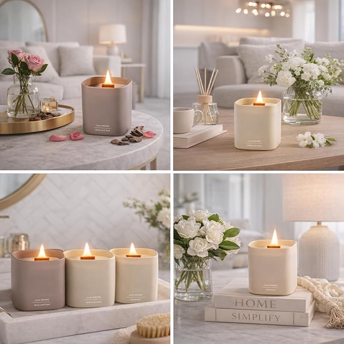 Set of 3 Premium Scented Soy Candles Gift Set | Nature's Bloom Collection - Gardenia, Hilton Garden and Rose & Oud | Crackling Wood Wick | Luxury Candles for Relaxation, Home Décor, Gifts | 9.8oz Each