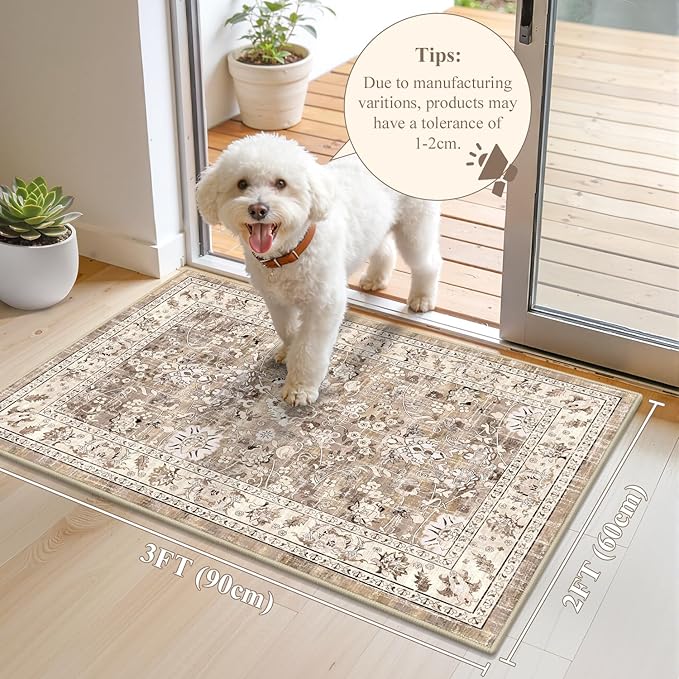 LOKHOM Washable Area Rug, 2x3 Non-Slip Hallway Rug Vintage Soft Small Kitchen Area Carpet, Boho Floral Faux Wool Door Mat Indoor Entrance Accent Throw Rugs for Bedroom Kitchen Laundry(Beige Brown)