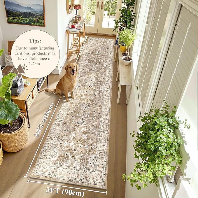 LOKHOM Washable Runner Rug, 3x14 Non-Slip Vintage Kitchen Runner Rug with Rubber Backing, Boho Floral Soft Faux Wool Hallway Rug Carpet Runner for Laundry Entryway Bedroom (Beige Brown)