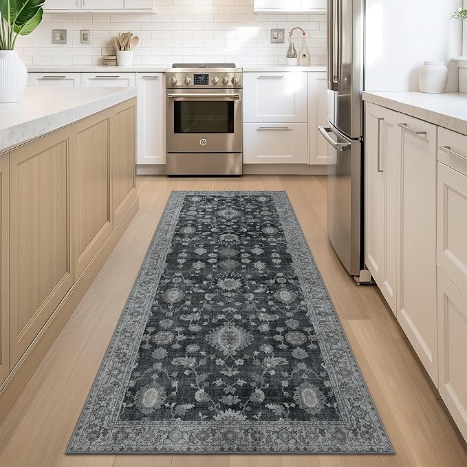 GENIMO Runner Rug for Hallways Machine Washable, 2x5 Non Slip Boho Vintage Lightweight Washable Runners, Thin Floor Rugs for Entryway Hallway Bathroom Laundry Room Corridor, Charcoal
