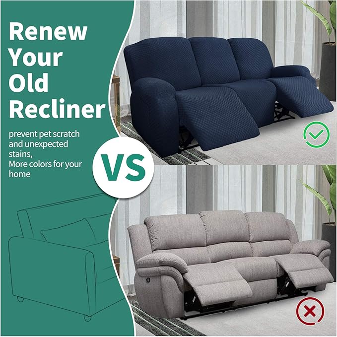 YEMYHOM 8 Pieces Stretch Recliner Sofa Cover Latest Jacquard Reclining Couch Cover with Side Pocket Anti-Slip Fitted 3 Cushion Furniture Slipcovers with Elastic Bottom (Large, Navy)
