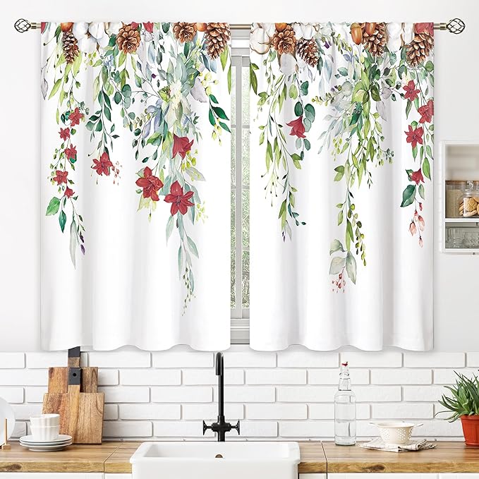 Red Flower Eucalyptus Botanical Leaves Sage Green Christmas Floral Kitchen Window Curtains Over Sink Leaf Small Treatment Cafe Short Curtains for Bathroom Treatment Tier Drapes 27.5x39 inch