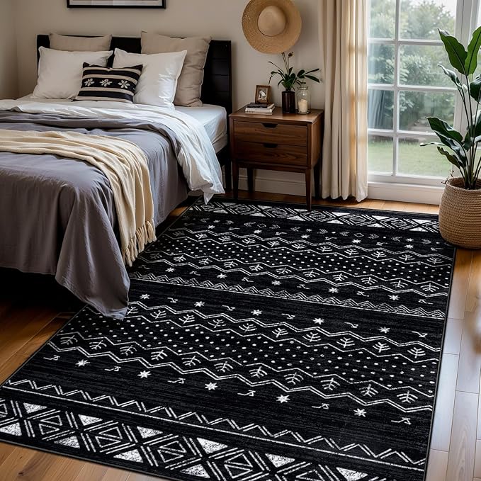 SERISSA 4x6 Area Rugs for Living Room, Washable Non-Slip Black and White Boho Rug, Soft Low-Pile Geometric Indoor Carpet for Dining Room Bedroom Home Office Nursery
