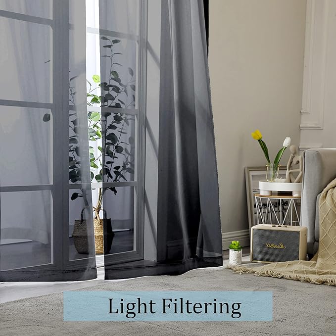 OWENIE Black Sheer Curtains, 45" Long Light Filtering Tiers for Kitchen, Basement, Bedroom - 2 Panels, Cafe Curtains for Small Windows, 42" W x 45" L