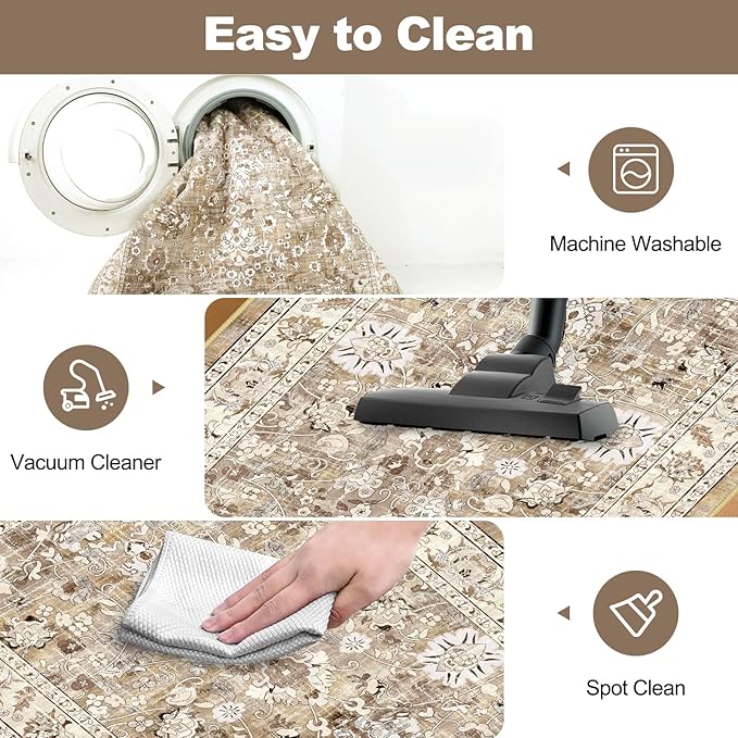 LOKHOM Washable Runner Rug, 2x8 Non-Slip Vintage Hallway Runner Rug with Rubber Backing, Boho Floral Soft Faux Wool Kitchen Rug Carpet Runner for Laundry Entryway Bedroom (Beige Brown)