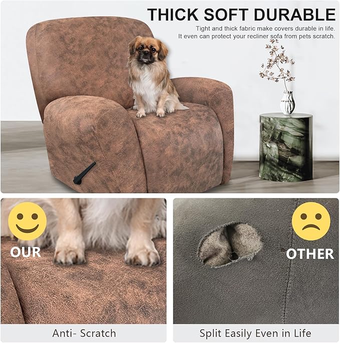 ANARACHON Recliner Chair Covers Leather Look, 4 Pieces Recliner Covers Non Slip, Soft Slipcovers for Large Recliners, Furniture Protector Washable for Pets (1 Seater, 03 Light Brown)