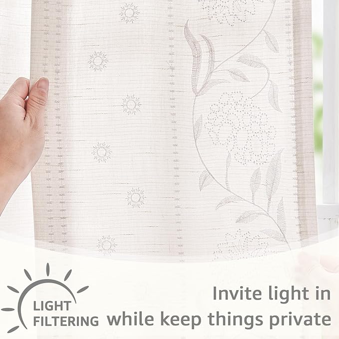 jinchan Winslow White Linen Curtains for Bedroom 84 Inches Length Embroidered Bordered Floral Curtains for Living Room Farmhouse Decor Light Filtering Window Treatments White on White Drapes 2 Panels