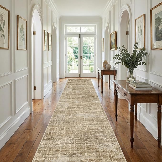 2x12 Washable Hallway Runner Rug - Modern Abstract Neutral Long Carpet with Non-Slip Backing Low-Pile Stain-Resistant Thin Runners for Kitchen Bathroom Bedroom Entryway (2x12，Tan/Brown)